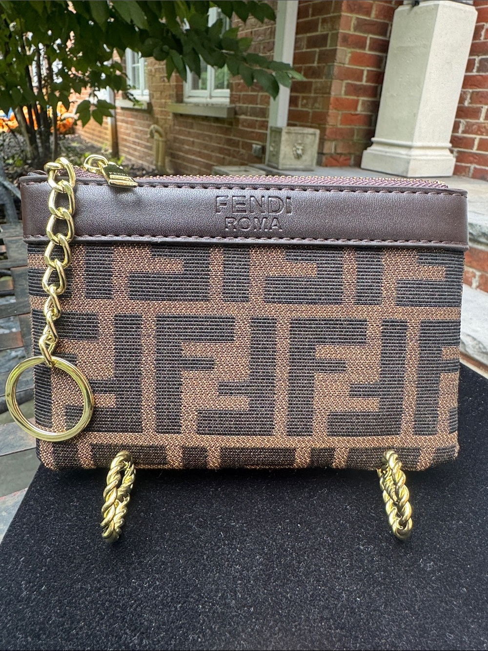 Brown Monogram Zip Pouch with Gold Chain